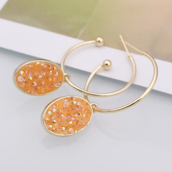 Peyton Sparkles Coral Orange Oval Sugar Crystal Drop Hoop Earrings Gift Packaged - Picture 2 of 9